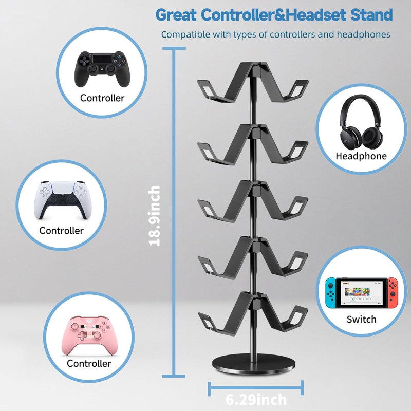 Controller Stand,5 Tier Controller Headphone Holder For Universal Headsets And Controllers,Black,1 Pack