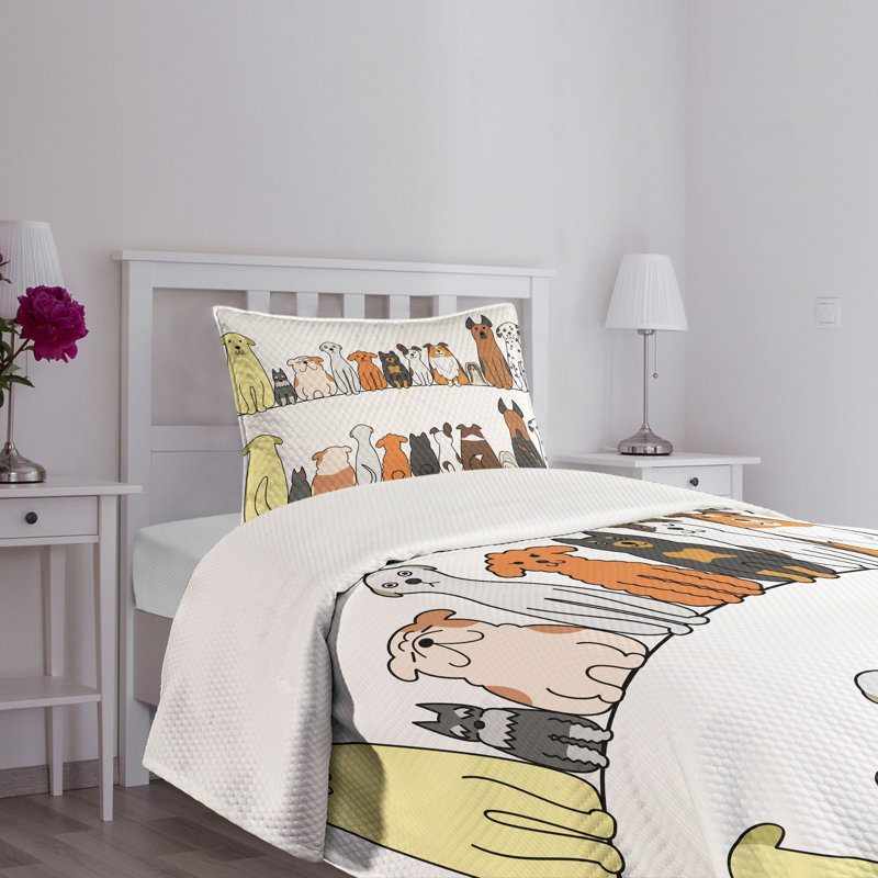 White Twin Kids Unisex Quilted Bedspread Set with Dog Print