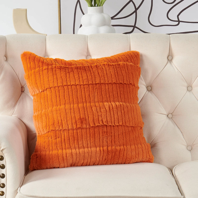 Housse de coussin en fausse fourrure à rayures sculptées, Orange brûlé