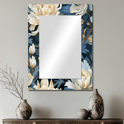 Bendina, blanc et bleu, chèvre de Chine, tranquillité zen - miroir floral, miroir mural floral unique, impression d'art en métal