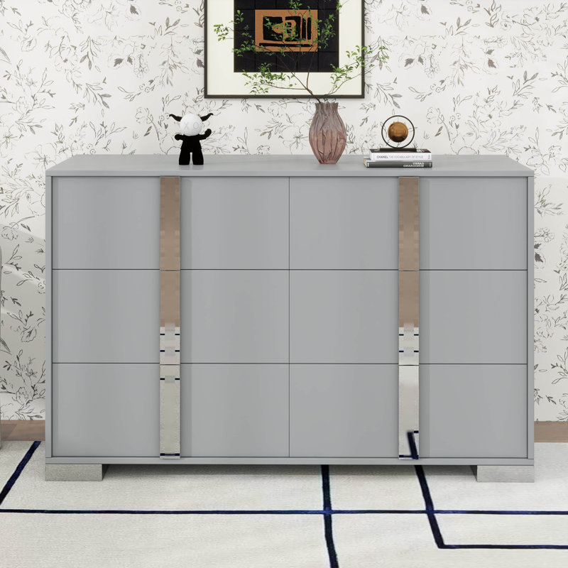 Commode 6 tiroirs en bois pour chambre à coucher, commodes modernes avec pieds en miroir en métal, Gris