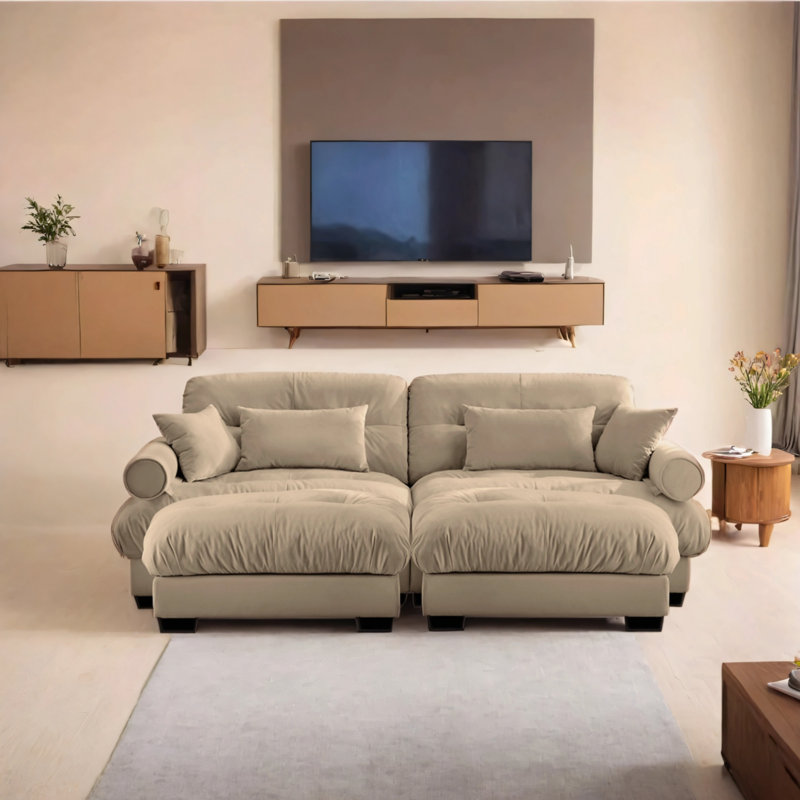 Canapé double surdimensionné en velours moderne avec accoudoirs rembourrés ronds et repose-pieds avec coussins lombaires et coussins décoratifs