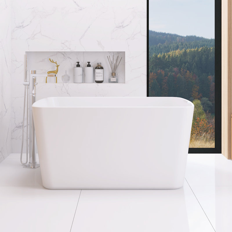 49'' Acrylic Freestanding Soaking Bathtub With Chrome Overflow And Quick Drain, Glossy White