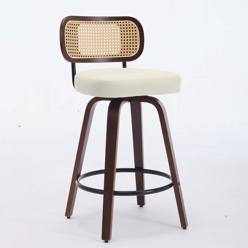 26" Upholstered Faux Leather Counter Height Barstools with Walnut Back & Bentwood Legs,  Beige2