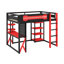 Lit mezzanine en bois avec bureau et lumière RVB, port USB, prise de courant, planche de suspension, tablettes et garde-corps-318908466