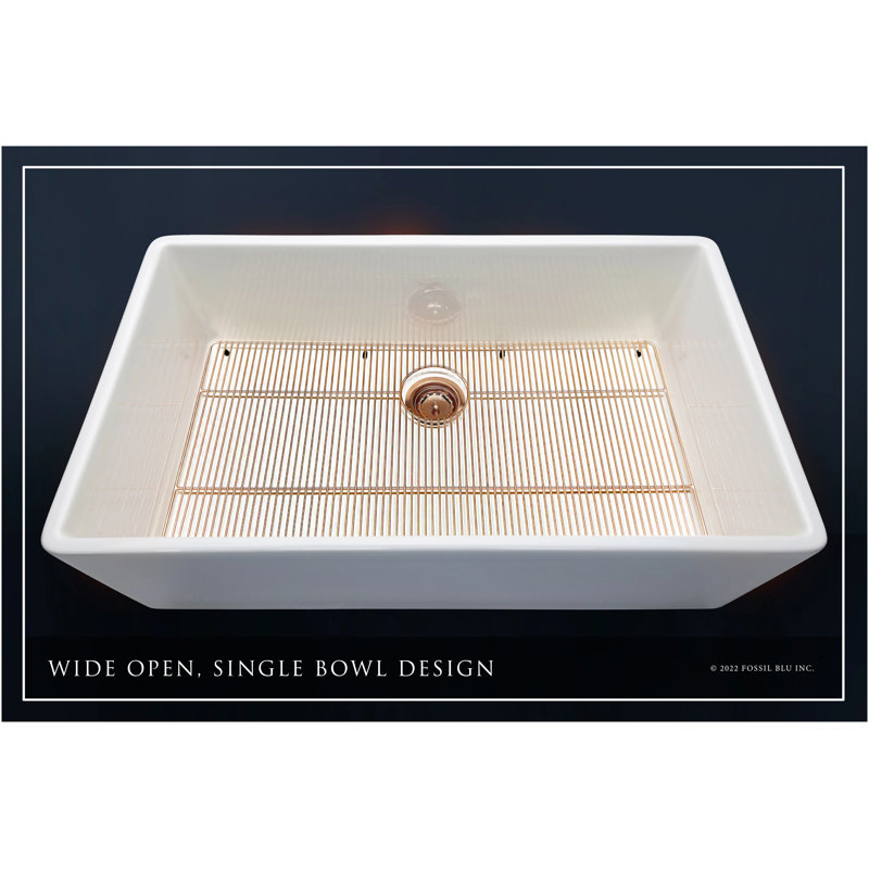 Luxury 36-Inch Solid Fireclay Farmhouse Sink, Flat Front, Polished Rose Gold Accessories