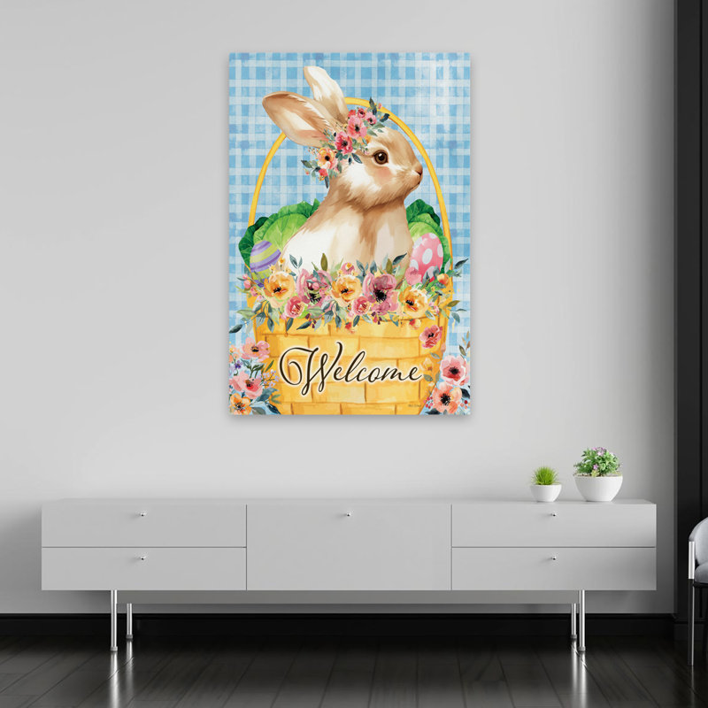 Panier de lapin de Pâques - Art moderne couronne de lapin dans un panier de fleurs, H 60 po x l 40 po