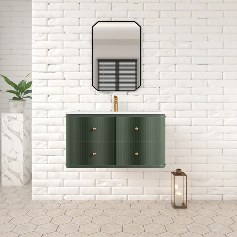 Meuble-lavabo mural de luxe de 91 cm (36 po) de style médiéval, suspendu, vert, avec lavabo.