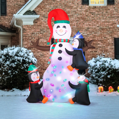 7FT Christmas Inflatable Snowman With Penguins, LED Lighted Blow Up Snowman Decoration With Colorful Lights, Outdoor Indoor Holiday Decor For Yard Garden Lawn Party