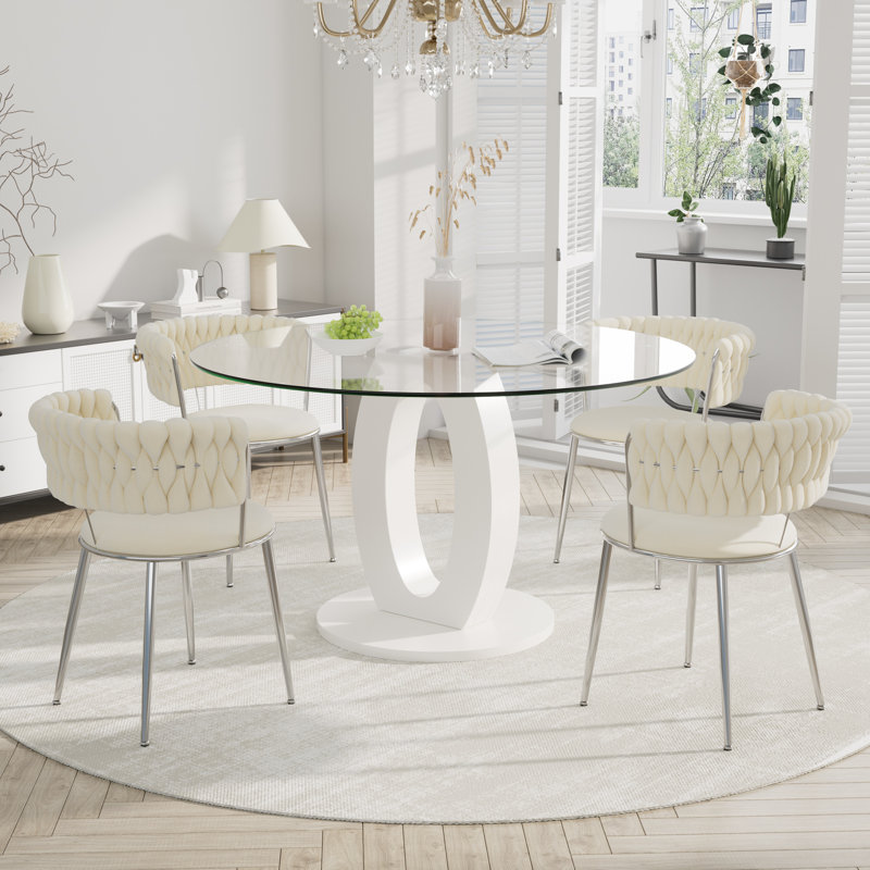 Ensemble de salle à manger à piédestal rond avec chaise de salle à manger en velours ciel, Beige