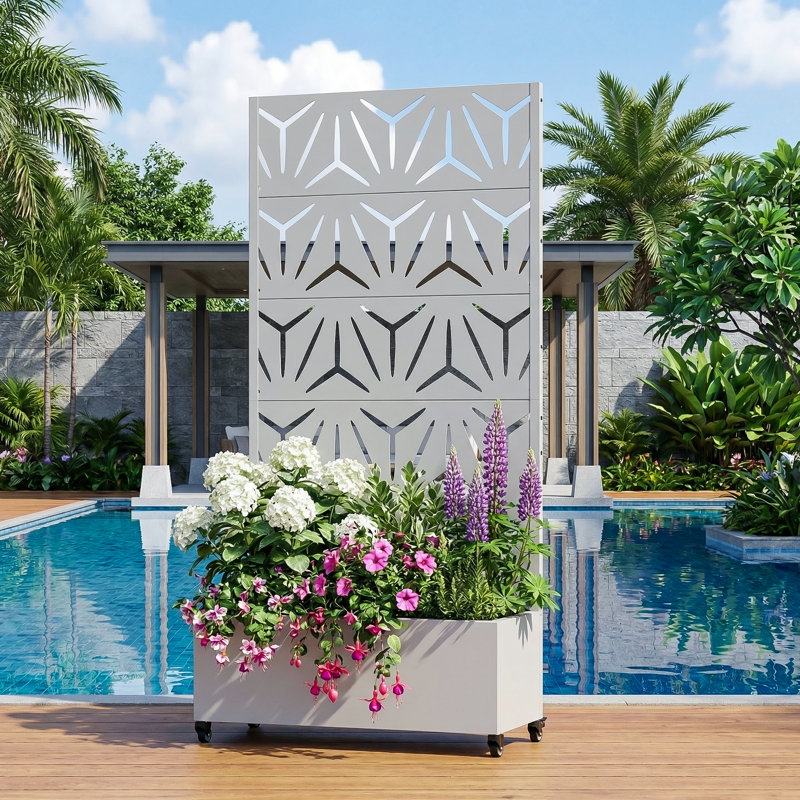 Boîte à fleurs en métal avec treillis et roues, H 72 po x l 35 po x P 16 po, Blanc