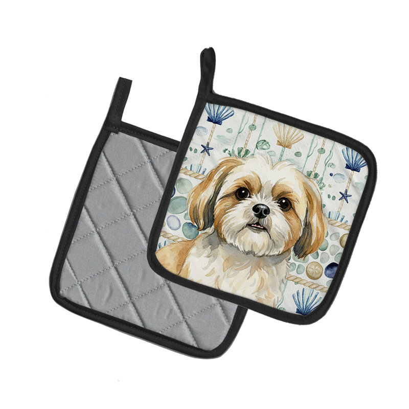 Paire de poignées en verre doré et blanc Shih Tzu