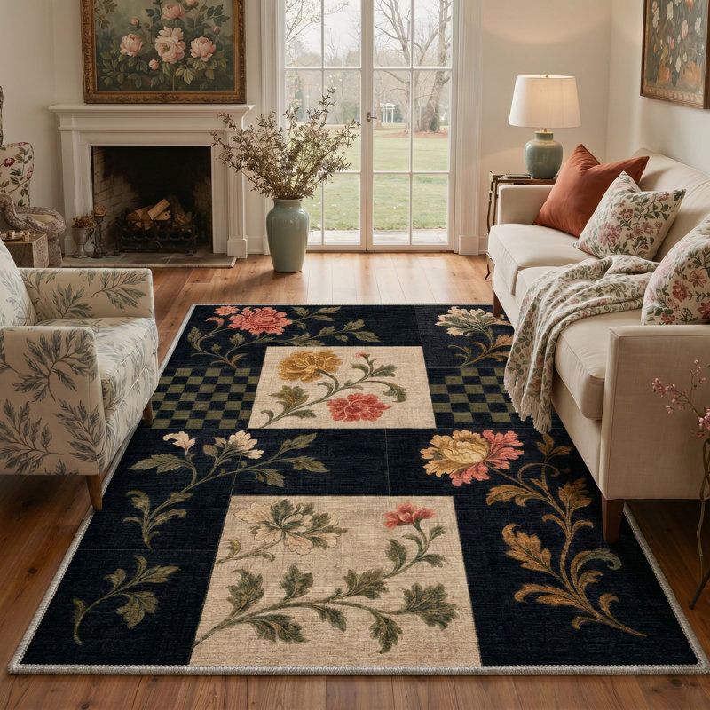 Tapis noir / beige lavable à la machine avec envers antidérapant, Rectangle 5 pi x 7 pi