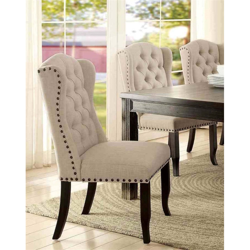 Chaise d'appoint de style rustique 2 pièces avec capitonnage à boutons, garniture cloutée et design à oreilles pour des salles à manger élégantes