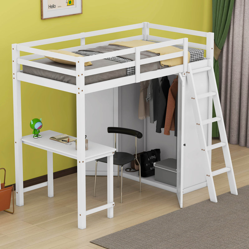 Lit mezzanine avec penderie et bureau Hayah, Simple, Blanc