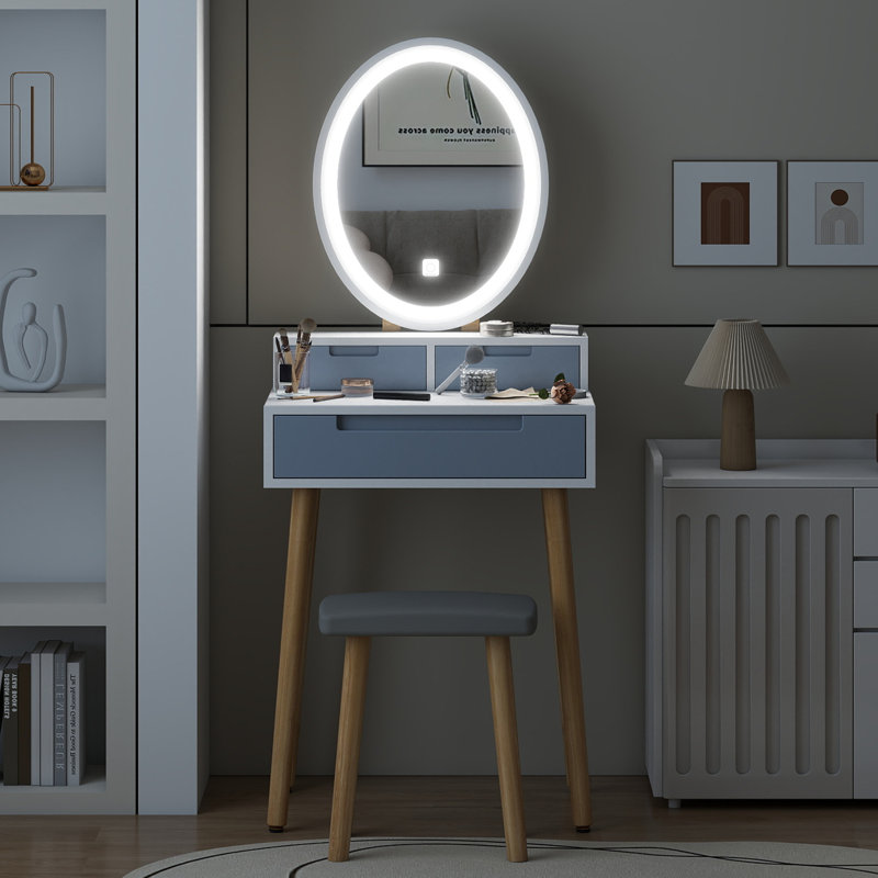 Ensemble de coiffeuse Barther avec miroir à luminosité réglable et tabouret rembourré, Naturel / blanc / gris