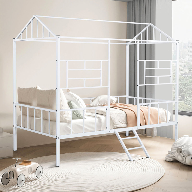 Lit superposé simple contemporain avec design de maison, finition blanche, angle, structure métallique complète, cadre de toit pour chambre à coucher - construction en forme, cadre, utilisation