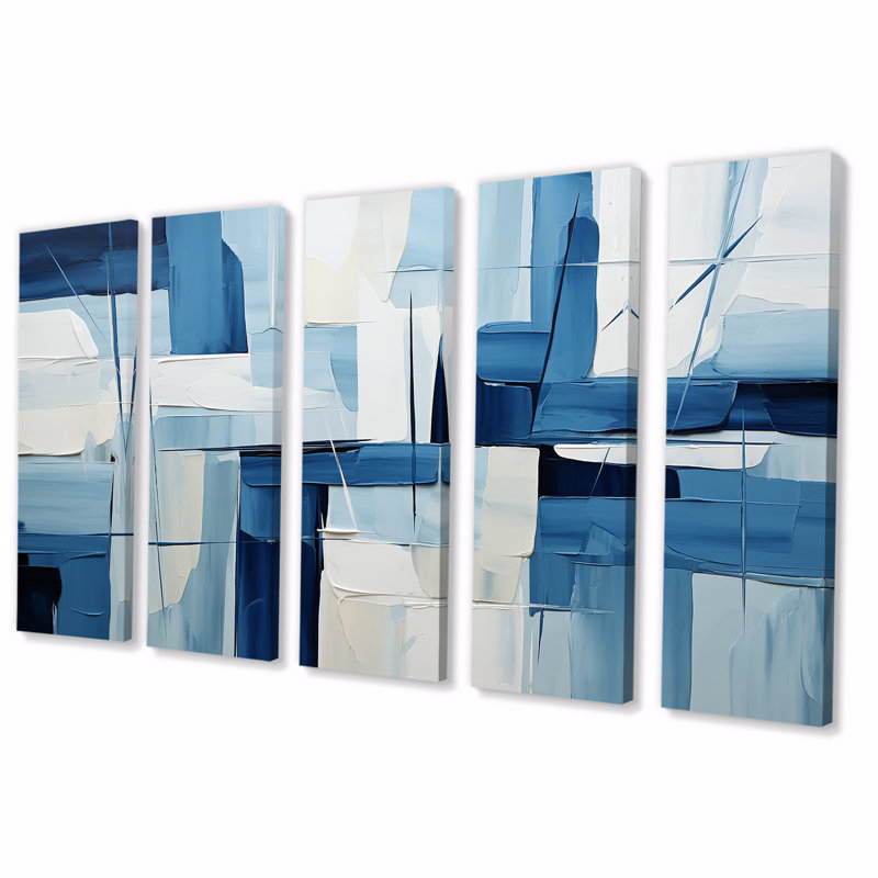 Nautique, formes géométriques blanches et bleues II - Art géométrique abstrait 5 pièces, H 32 po x l 80 po