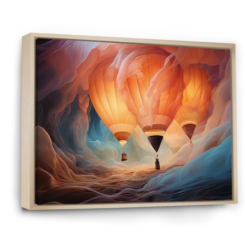 Coral Hot Air Ballon Ethereal I - Transportation Wall Art Prints, Cadre naturel flottant, H 30 po x l 40 po x P 1,5 po