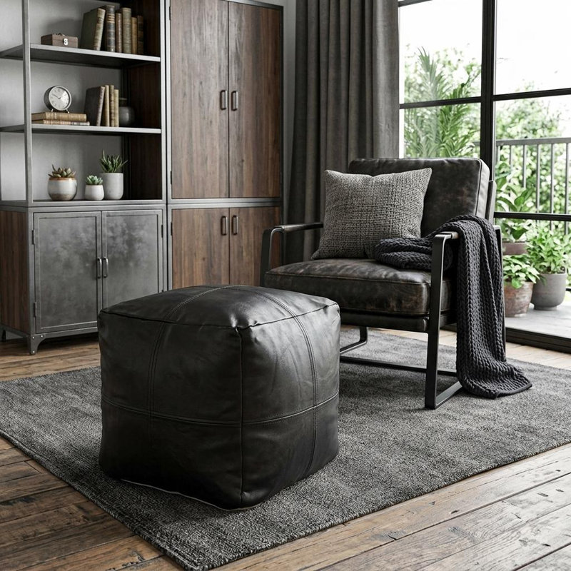 Pouf cubique 18 po en similicuir noir