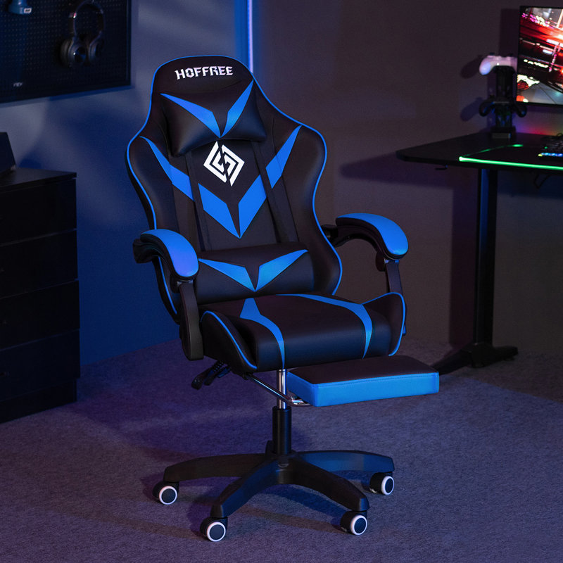 Hoffree Ergonomic Gaming Desk Chair with Vibration Lumbar Pillow for Teens, Blue/Black