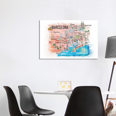 Barcelona Illustrated Travel Map With Main Roads, Landmarks And Highlights by Markus & Martina Bleichner - Wrapped Canvas Gallery-Wrapped Canvas Giclée