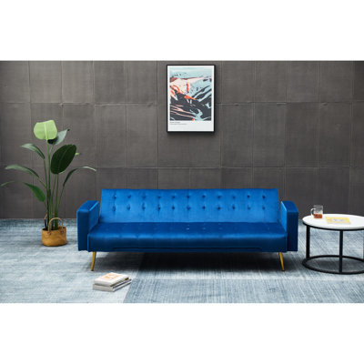 Lit bleu foncé de qualité - pieds en métal doré, 3, revêtement en velours, bois massif +, tissu bleu foncé luxueux et confortable pour le salon, opulence facile à assembler
