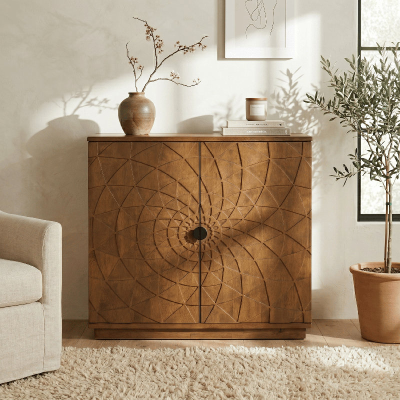 BLOOM 2-Door Storage Cabinet, Solid Wood Designer Accent Cabinet with Hand-Carved Geometric Pattern Doors, Modular & Expandable Storage System for Living Room, Teak Look