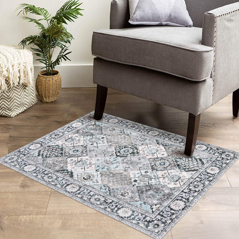 2'x3' Vintage Distressed Pattern Washable Area Rug. Non-Slip Low Pile Pearl Velvet Carpet for Living Room. Gray Green, Green