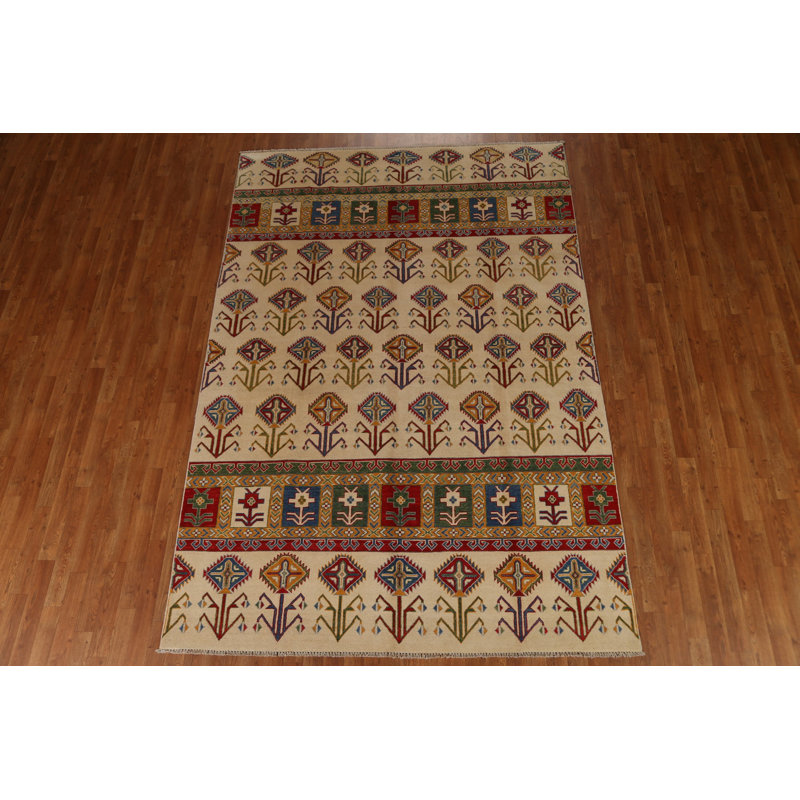 Tapis rectangulaire en laine noué à la main de conception unique 6 pi 7 po x 9 pi 6 po nouvel âge ivoire / rouge / vert
