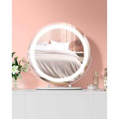 19" Round LED Vanity Mirror – 3-Color Dimmable Touch Screen Makeup Mirror with 360° Rotation, Adjustable Brightness, Memory Function, Aluminum Frame, Tabletop Cosmetic Mirror for Bathroom, Bedroom – White