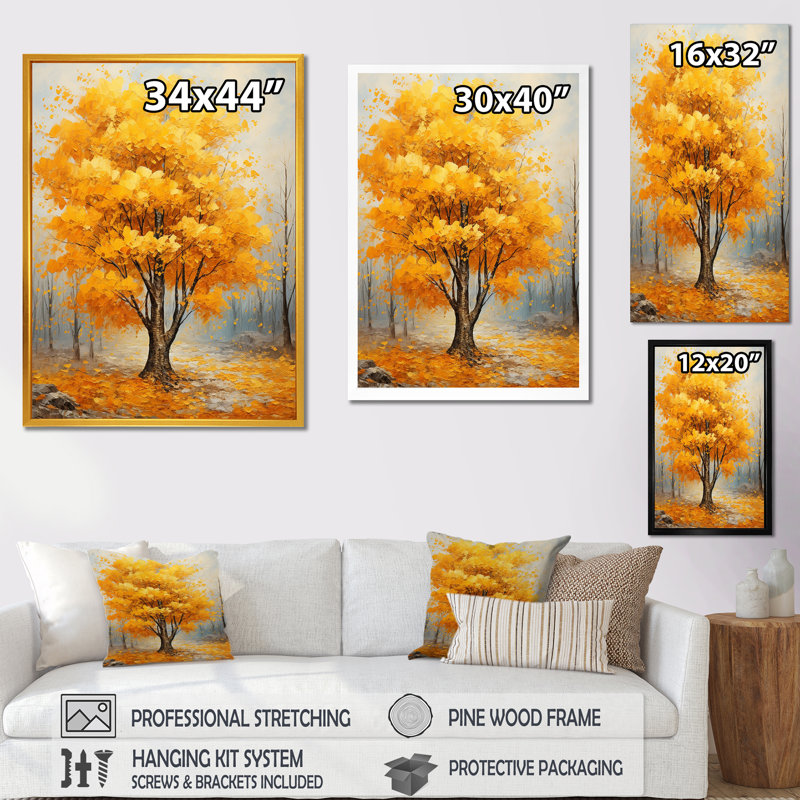 «Yellow American Basswood Forest I» - art mural arbre, Cadre simple noir, H 20 po x l 12 po x P 1 po