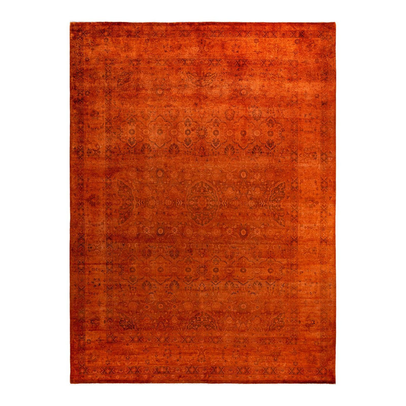 Tapis orange / rouille / noir surteint de conception unique 9 pi 2 po x 12 pi 5 po Overdyed