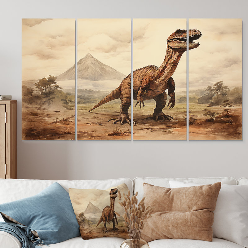 «Dinosaur Vintage Landscape I - Dinosaur Vintage», art mural 4 pièces pour le salon, H 28 po x l 48 po