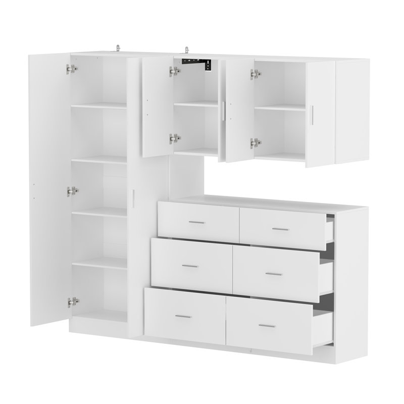 Ensemble de rangement modulaire en lin blanc de 78 po avec commode à 6 tiroirs et range-chaussures