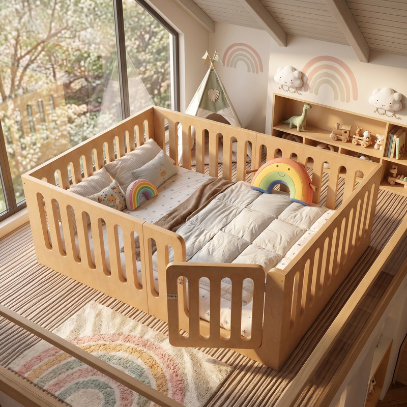 Lit sur pied en bois massif Benedict Montessori, Lit double, Naturel