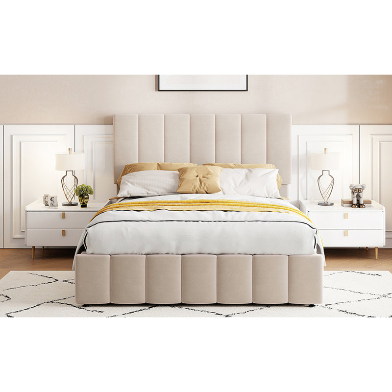 Lit plateforme tapissier beige avec rangement hydraulique fiable