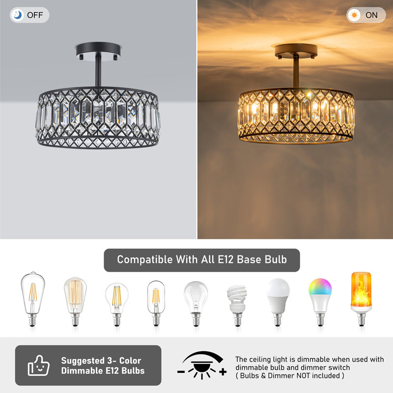 Luxury Crystal Drum Semi Flush Mount Light, 3 Lights, Matte Black
