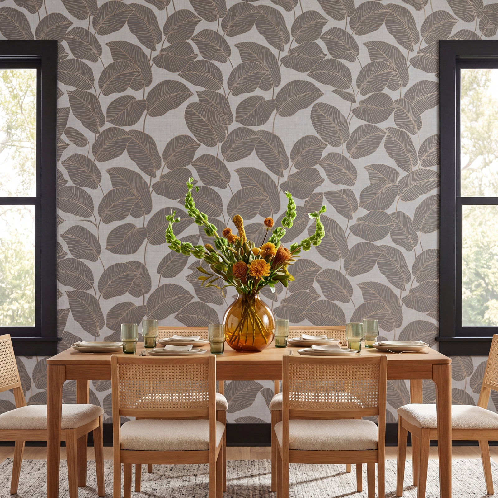 Omena Modern Leaves Wallpaper, Gray