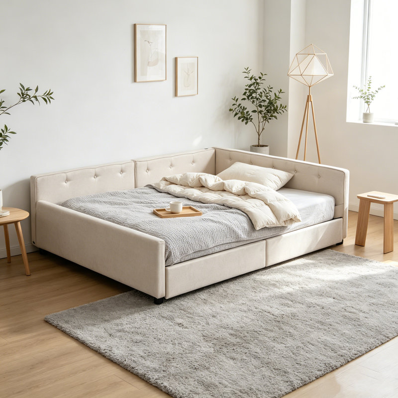 Grand lit plateforme tapissier beige avec ports de chargement USB et 2 tiroirs de rangement, Queen
