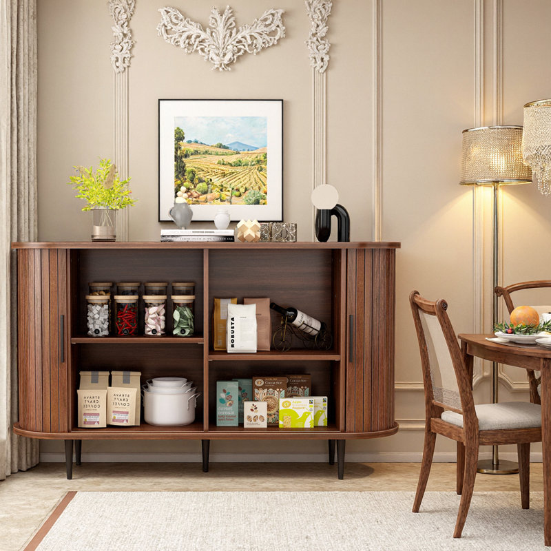 Boho Sideboard Cabinet With Sliding Doors, Curvy Edge Storage Buffet