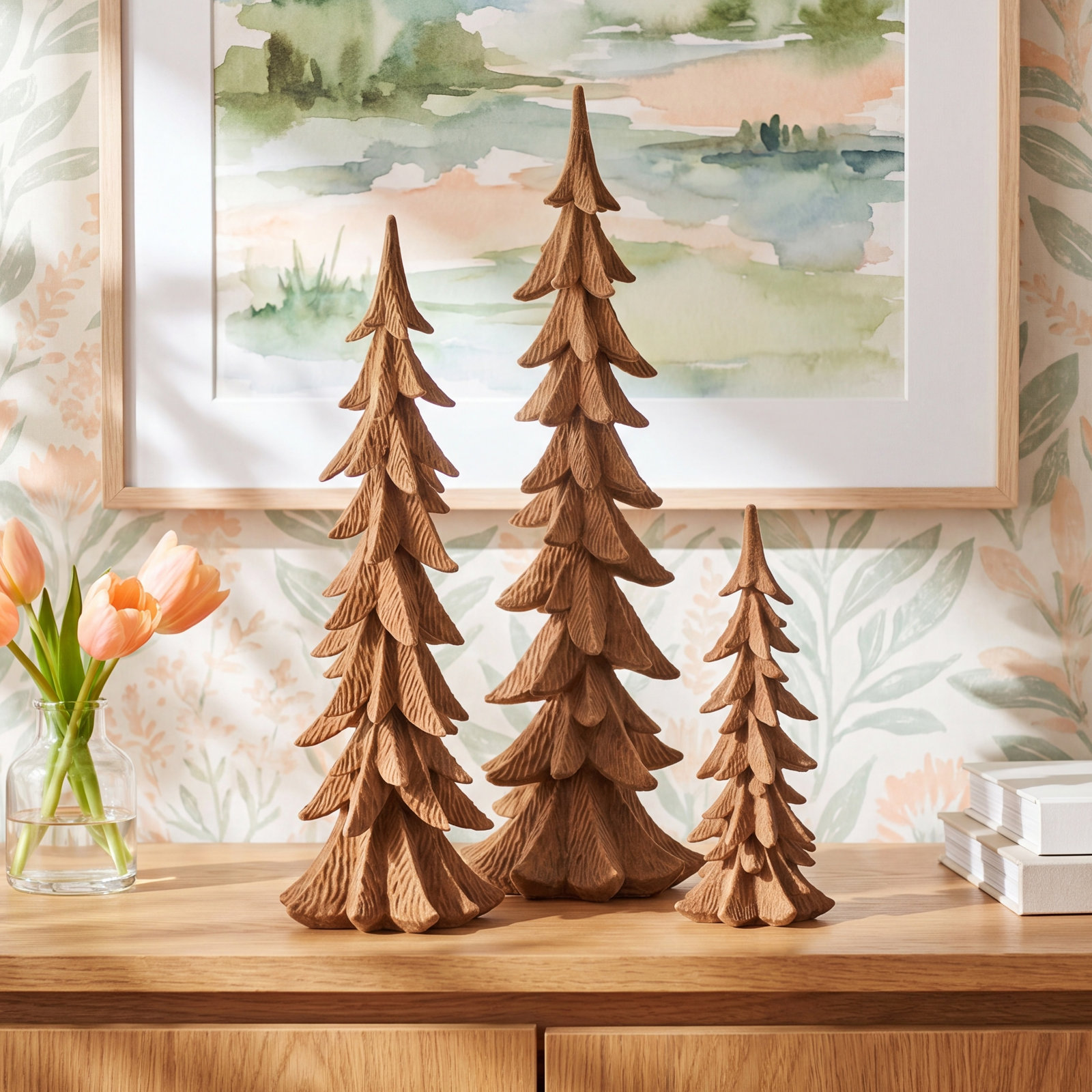 Liani 3-Piece Flocked Tabletop Tree Set, Tan