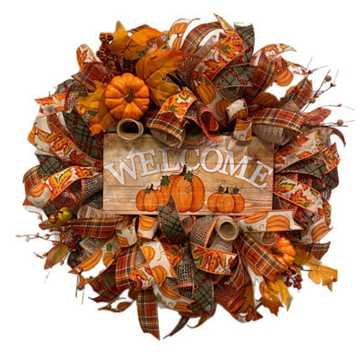Artificial Fall Wreath 17.7 Inch, Autumn Harvest Wreath with Welcome Wooden Sign, Pumpkins, Plaid Ribbons and Maple Leaves, Thanksgiving Front Door Wreath for Home Wall Window Decor