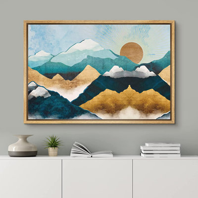 Teal Sun Mountain Range Abstract Nordic Landscape Framed On Canvas Painting Print Wall Decor