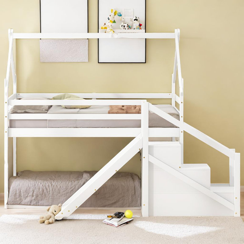 Lit mezzanine ou superposé avec glissade et escalier Safe House Design, Blanc