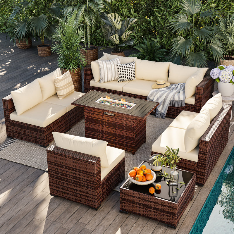 8 - Person Outdoor Wicker Patio Conversation Furniture Set With Fire Pit Table, Beige