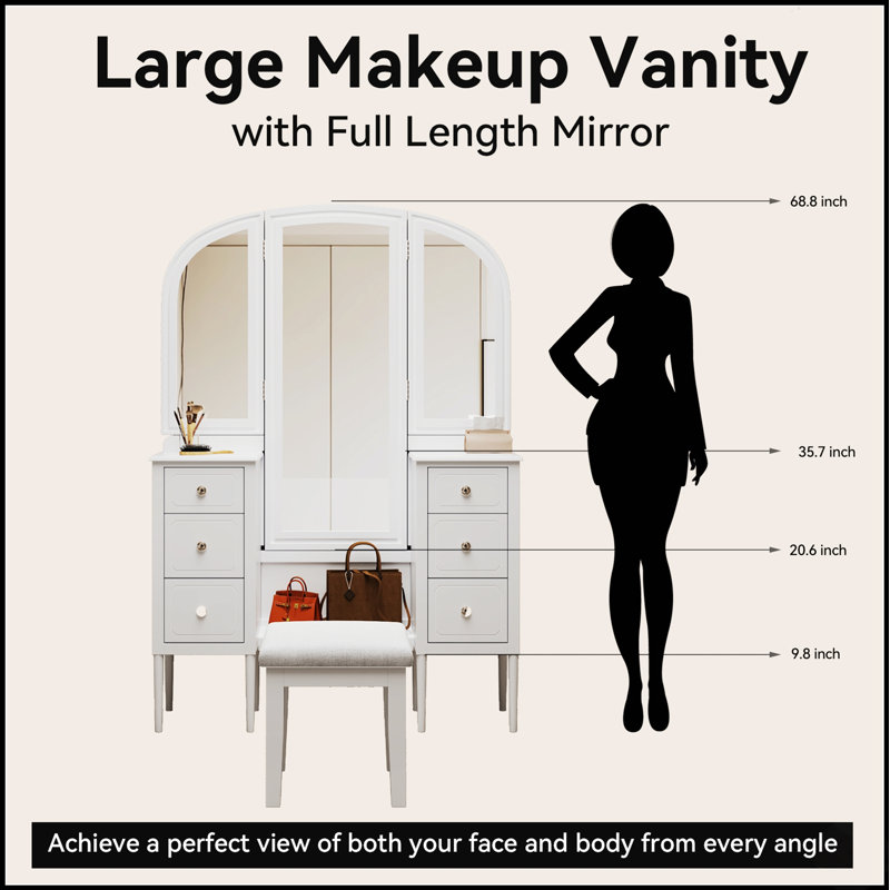 Coiffeuse de maquillage blanche antique avec miroir triple et coiffeuse à 6 tiroirs, incluant tabouret et miroir pleine longueur pour une chambre à coucher élégante