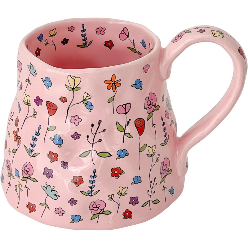 Grande tasse à café en céramique mignonne fleur avec grande poignée faite à la main, tasses irrégulières surdimensionnées de fantaisie 20 oz