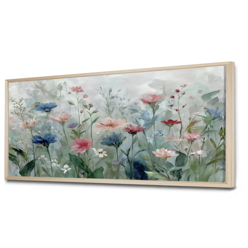 Green Blue Wildflower Meadows - Wildflowers Wall Art, Blue Floral Canvas Print, 28" H x 60" W, Floater Framed, Cream