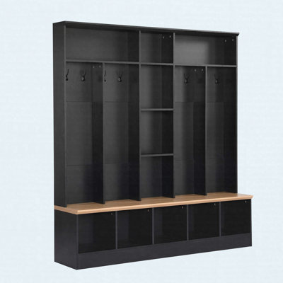 Arbre de couloir large avec banc de rangement, rangement cubique, tablettes et 8 crochets, noir